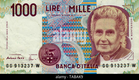 La banconota, 1000 Lire, Italien, Maria Montessori, 1990 Italia Foto Stock