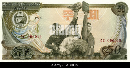 La banconota aus Nord-Korea, 50 ha vinto, 1978 Foto Stock