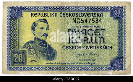 Historische banconota 20 (Korun Kronen), der tschechische Dichter Karel Havlicek Borovsky, 1945, Tschechoslowakei, Europa, storico banconota, Czech Koruna, Cecoslovacchia Foto Stock