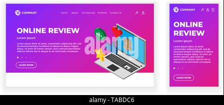 Atterraggio pagina web concept design modello. Rivista online il tema. Dispositivo portatile con valutazione di feedback segni - pollice in alto, cuore, messaggio, star. Mobile App Illustrazione Vettoriale