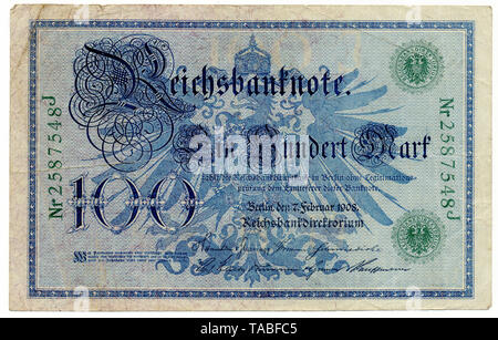 Retro della Reichsbank banconota, Rückseite, Reichsbanknote, 100 Mark, 1908, Deutschland, Europa Foto Stock