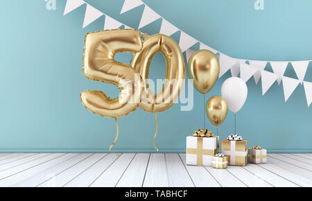 Felice cinquantesimo compleanno festa palloncino, bunting e confezione regalo. 3D Render Foto Stock