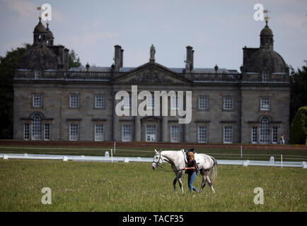 Houghton, UK. 23 Maggio, 2019. Un groom passeggiate tutto di me oltre la parte anteriore di Houghton Hall presso il cavallo saracena alimenta Houghton International Horse Trials, a Houghton Hall, Norfolk, Regno Unito il 23 maggio 2019. Credito: Paolo Marriott/Alamy Live News Foto Stock