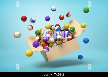 3D rendering di scatola di cartone in aria piena di colorati palle da biliardo che sono battenti fuori e galleggiante esterno su sfondo blu. Foto Stock