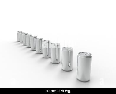 3D Rendering di più lattine di soda isolato in bianco di sfondo per studio. Foto Stock