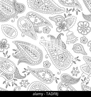 Astratta disegnata a mano delineare doodle ornamento seamless pattern con fiori e paisley . Libro da colorare per pazienti adulti e bambini di età superiore. Illustrazione Vettoriale