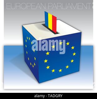 La Romania casella di voto, elezioni del Parlamento europeo, la bandiera e simboli nazionali, illustrazione vettoriale Illustrazione Vettoriale