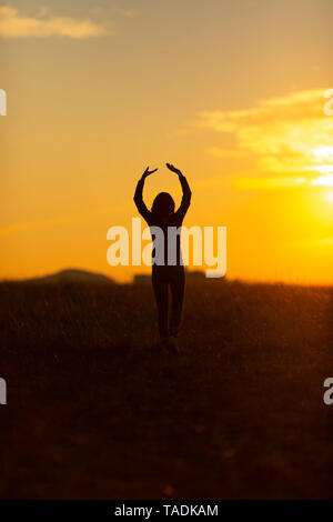 La donna a piedi nella natura al tramonto Foto Stock