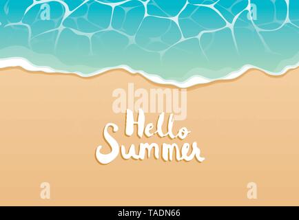 Ciao estate spiaggia vista superiore viaggi e vacanze sfondo. Utilizzare per il modello di pagina di intestazione, biglietto di auguri, invito, il mare e la sabbia poster. Illustrazione Vettoriale