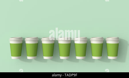 3D rendering, Fila di verde monouso Tazze di caffè Foto Stock