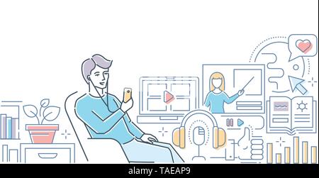 Podcast - coloratissima linea stile design illustrazione vettoriale Illustrazione Vettoriale