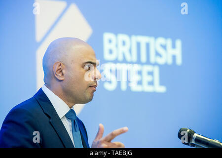 1 giugno 2016, Scunthorpe Steel Works. Sajid Javid, Segretario di Stato per gli affari, l'innovazione e le competenze per l'annuncio della vendita di Tata Steel Europe a Graybull gli investimenti di capitale, rinominato come British Steel Foto Stock