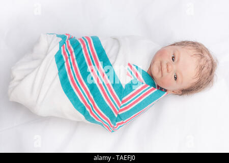 Neonato swaddled rinasce in un ospedale coperta. Reborn baby doll. Vinil scolpire, Coco Malu da Eliza Marx. Foto Stock