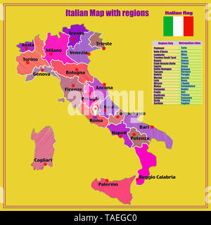 Mappa dell'Italia. Illustrazione luminoso con la mappa. Illustrazione con colorate mappa italiano. Italia mappa con le regioni italiane. Foto Stock