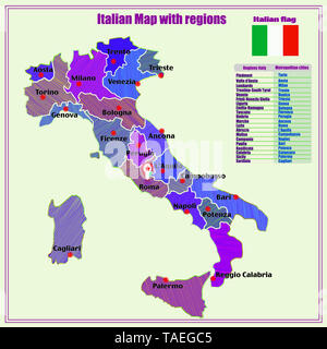 Mappa dell'Italia. Illustrazione luminoso con la mappa. Illustrazione con colorate mappa italiano. Italia mappa con le regioni italiane. Foto Stock