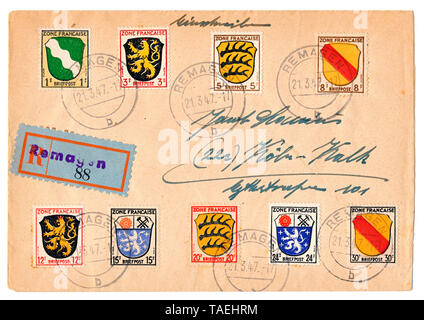 Busta da 1947 con francobolli del settore francese, zona Francaise, Germania, Europa, Briefumschlag von 1947 Briefmarken mit der Französischen Zone (Zona Francaise), Deutschland, Europa Foto Stock
