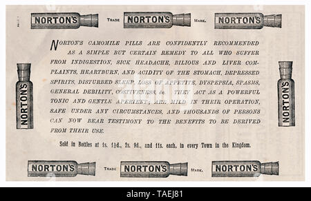 Pubblicità in inglese per 'Norton's" pastiglie per il mal di testa, Englische Anzeigenwerbung aus 'il tenditore, Merritt & Hatcher, Londra' von 1893 für 'Norton's", Pillen gegen Kopfschmerzen, Großbritannien, Europa Foto Stock