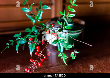 Primo piano di ikebana colorate rosse bacche decorazione in Giappone, un tradizionale nuovo anno di decorazioni con foglie di colore verde sul tavolo di legno Foto Stock