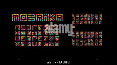 Mosaico ucraino, inglese e russo alfabeto. Maze design tipografia. Arte creativa vettore stile lettere latine da piazze. Font per eventi Illustrazione Vettoriale