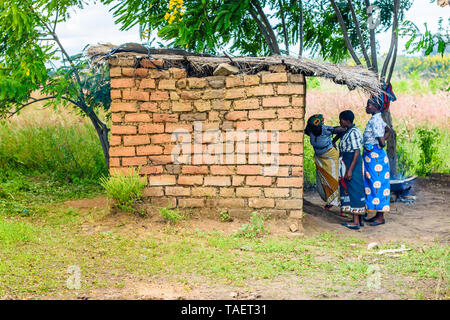 3 donne che indossano vestiti tradizionali peer in una cucina costruita sotto alcuni alberi giovani in un villaggio in Malawi Foto Stock