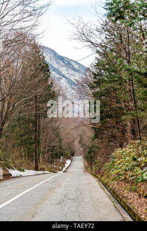 Cielo di montagna e gli alberi forestali in villaggi Okuhida nella Prefettura di Gifu, Giappone park con vuoto strada percorso stradale Foto Stock