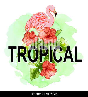 Estate con sfondo rosso fiori tropicali, Verde foglie di palma, fenicottero rosa e verde texture acquerello. Foto Stock