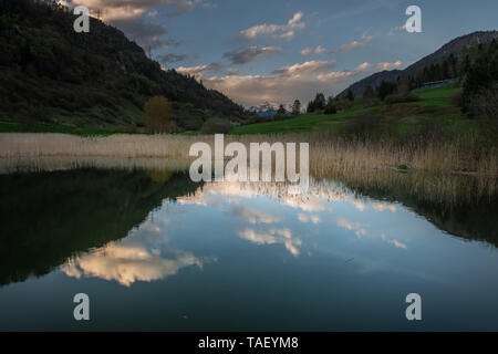 Lago alpino, impostare tra prati e boschi di faggio Foto Stock