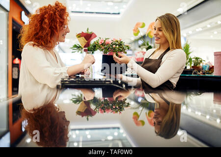 Soddisfazione del cliente e il negozio assistant con pianta in vaso a contatore nel negozio di fiori Foto Stock