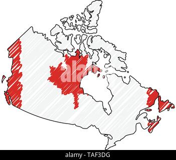 Mappa Canada mano bozzetto. Concetto di vettore illustrazione flag di disegno per bambini, scribble mappa. Mappa del paese per una infografica, brochure e Illustrazione Vettoriale
