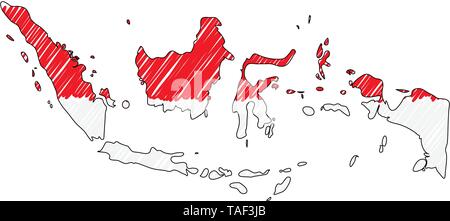 Indonesia mappa disegnata a mano sketch. Concetto di vettore illustrazione flag di disegno per bambini, scribble mappa. Mappa del paese per una infografica, brochure e Illustrazione Vettoriale