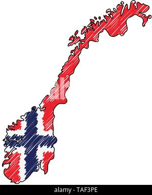 Norvegia mappa disegnata a mano sketch. Concetto di vettore illustrazione flag di disegno per bambini, scribble mappa. Mappa del paese per una infografica, brochure e Illustrazione Vettoriale