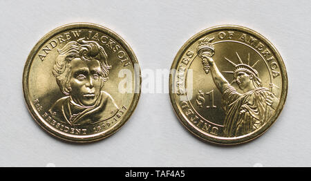 Andrew Jackson un dollaro, moneta complementare e retromarcia. Foto Stock