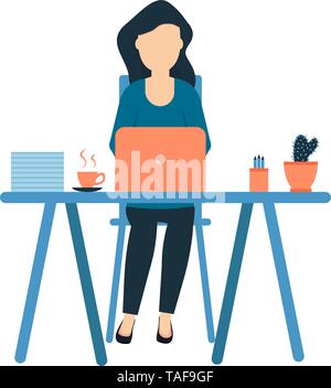 Una giovane ragazza si siede sul posto di lavoro, designer freelance a tempo pieno, office dipendente, cactus e una tazza di caffè sul tavolo, donna vettore professionale Illustrazione Vettoriale