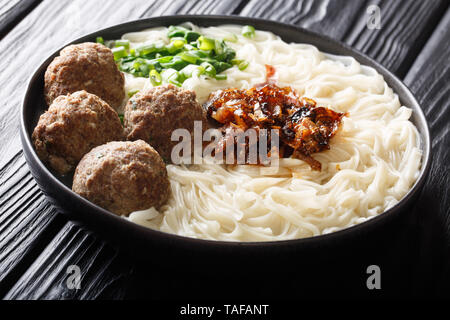 Piccante bakso indonesiano le polpette di carne con tagliatelle, le cipolle caramellate, verdi e il brodo di close-up su una piastra sul tavolo orizzontale. Foto Stock