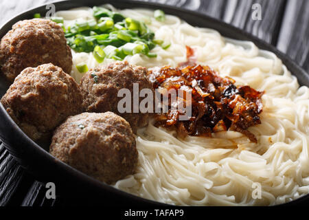 Bakso polpette con tagliatelle, cipolle fritte, verdure e brodo di close-up su una piastra sul tavolo orizzontale. Foto Stock