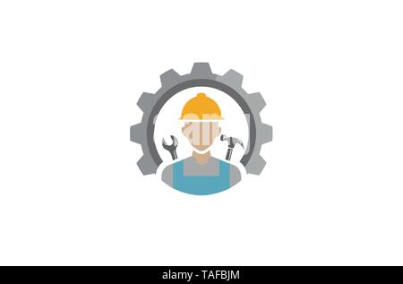 Creative Engineer Worker Gear Logo icona disegno vettoriale simbolo illustrazione Illustrazione Vettoriale