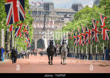 Westminster, Londra, Regno Unito. 25 Maggio, 2019. Pattuglia di polizia lungo il percorso. Il centro commerciale davanti alla parata. I soldati e i cavalli della famiglia divisione, prendere parte nel Il Maggiore Generale della revisione lungo il centro commerciale al di fuori Buckingham Palace, la prima delle due sfilate davanti al Trooping il colore della regina parata di compleanno in giugno. Credito: Imageplotter/Alamy Live News Foto Stock