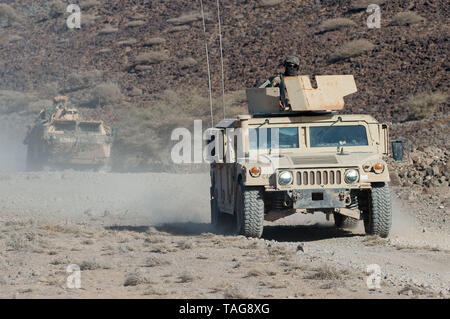 Stati Uniti I soldati dell esercito assegnato a Combined Joint Task Force-Horn dell Africa e dell esercito francese soldati unità a U.S. Humvee e un francese avanguardia blindato veicolo durante un deserto di francese Corso di commando di Arta, Gibuti, 15 maggio 2019. La sei giorni di corso consisteva di tre esercizi della durata di due giorni ciascuno in compagnia allenamento squadra, plotone allenamento squadra e vivere gli scenari di incendio. Cortesia (foto) Foto Stock