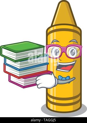 Studente con libro crayon giallo isolato in la mascotte Illustrazione Vettoriale