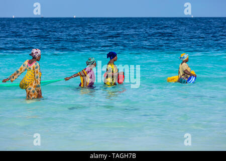 Kendwa, Zanzibar-March 4, 2019 : donna in abiti tradizionali con rete da pesca in mare presso la spiaggia di Kendwa Foto Stock