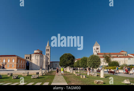 ZADAR, Croazia - 10 luglio 2016: San Donato la chiesa e la Cattedrale di Santa Anastasia torre campanaria in Zadar foro romano, Croazia Foto Stock