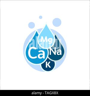 Acqua minerale e la relativa icona. Gocce di blu con le designazioni di minerali. Semplice piatto modello logo. Acqua salubre emblema moderno idea. Vettore isolato segno semplice su Illustrazione Vettoriale