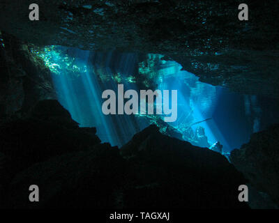 La riflessione di luce - Underwater al cenote Chacón Mool in Riviera Maya, Messico. Foto Stock