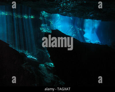 La riflessione di luce - Underwater al cenote Chacón Mool in Riviera Maya, Messico. Foto Stock