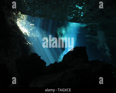 La riflessione di luce - Underwater al cenote Chacón Mool in Riviera Maya, Messico. Foto Stock