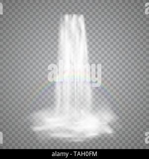 Carattere realistico flusso di cascata con acqua chiara arcobaleno e nebbia. Illustrazione di vettore isolato su sfondo trasparente Illustrazione Vettoriale