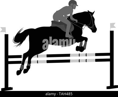 Show Jumping. cavallo con fantino saltando un ostacolo silhouette - vettore Illustrazione Vettoriale