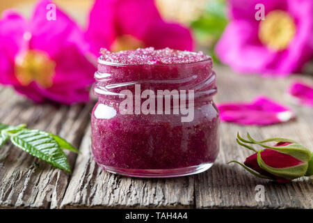 Rugosa marmellata di rose - petali freschi schiacciati con zucchero di canna in un vasetto di vetro Foto Stock