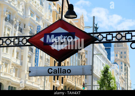 Segno per il Callao fermata della metropolitana nel centro di Madrid, Spagna. Foto Stock
