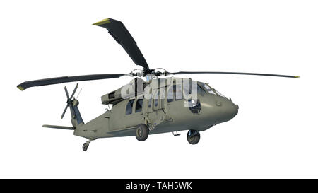 Elicottero in volo, aeromobili militari dell esercito isolato del trinciapaglia su sfondo bianco, vista dal basso, rendering 3D Foto Stock